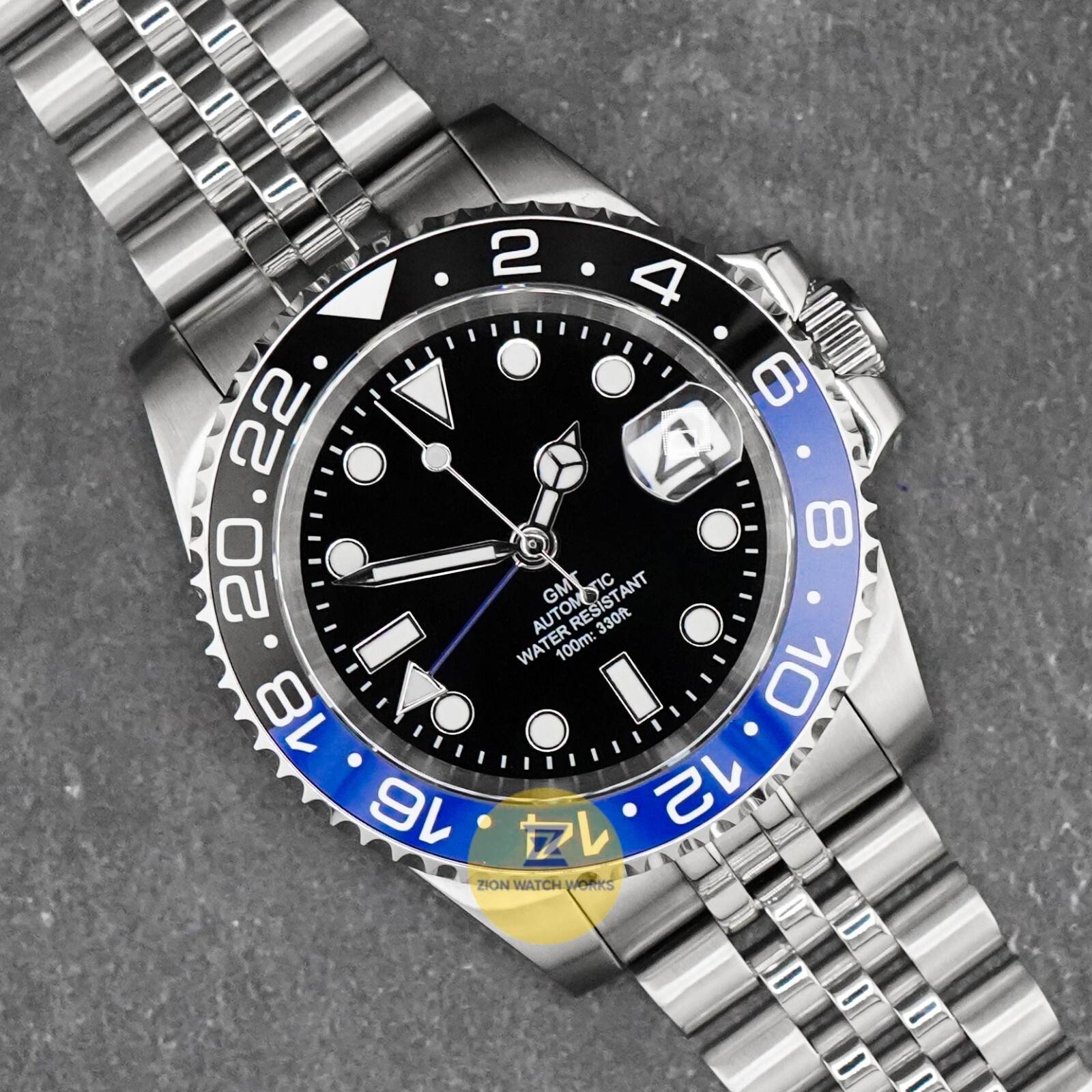 Custom Made 40mm Black & Blue Sub GMT Style Mod Watch Jubilee w/ NH34 Movement