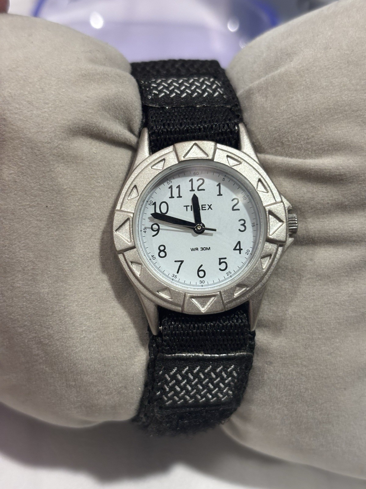 Timex Analog Quartz 30m White Dial Arabic 28mm Silver SS Black Nylon Strap