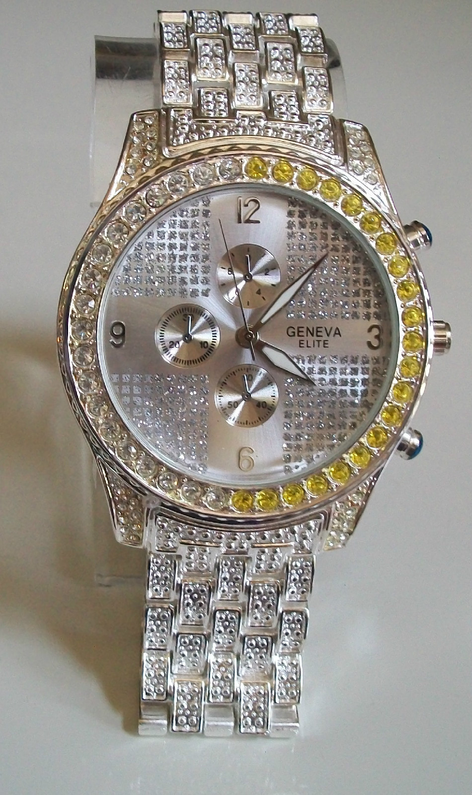 Men’s Clear & Yellow Stones Silver Finish Fashion Dressy Party Watch