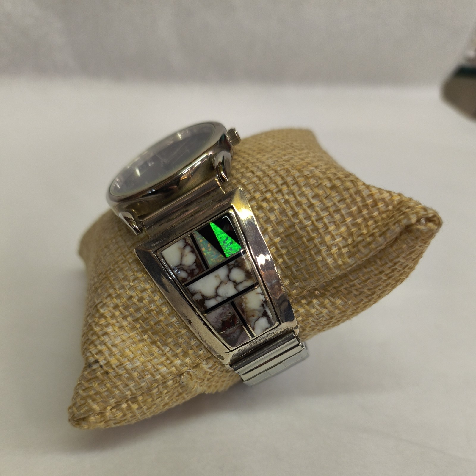 Men’s Stretch Watch, Sterling Native American, Jasper, Opal, Onyx *Needs Battery