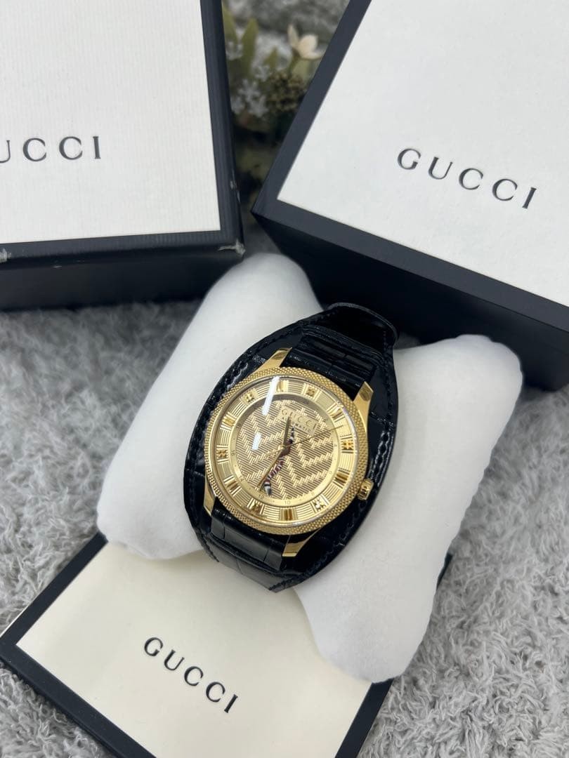 GUCCI Eryx Automatic Gold Dial Black Leather Watch