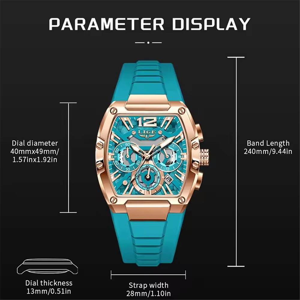 LIGE Men Rectangle Watch Big Dial Chronograph Wristwatch Boy Outdoor Sport Watch