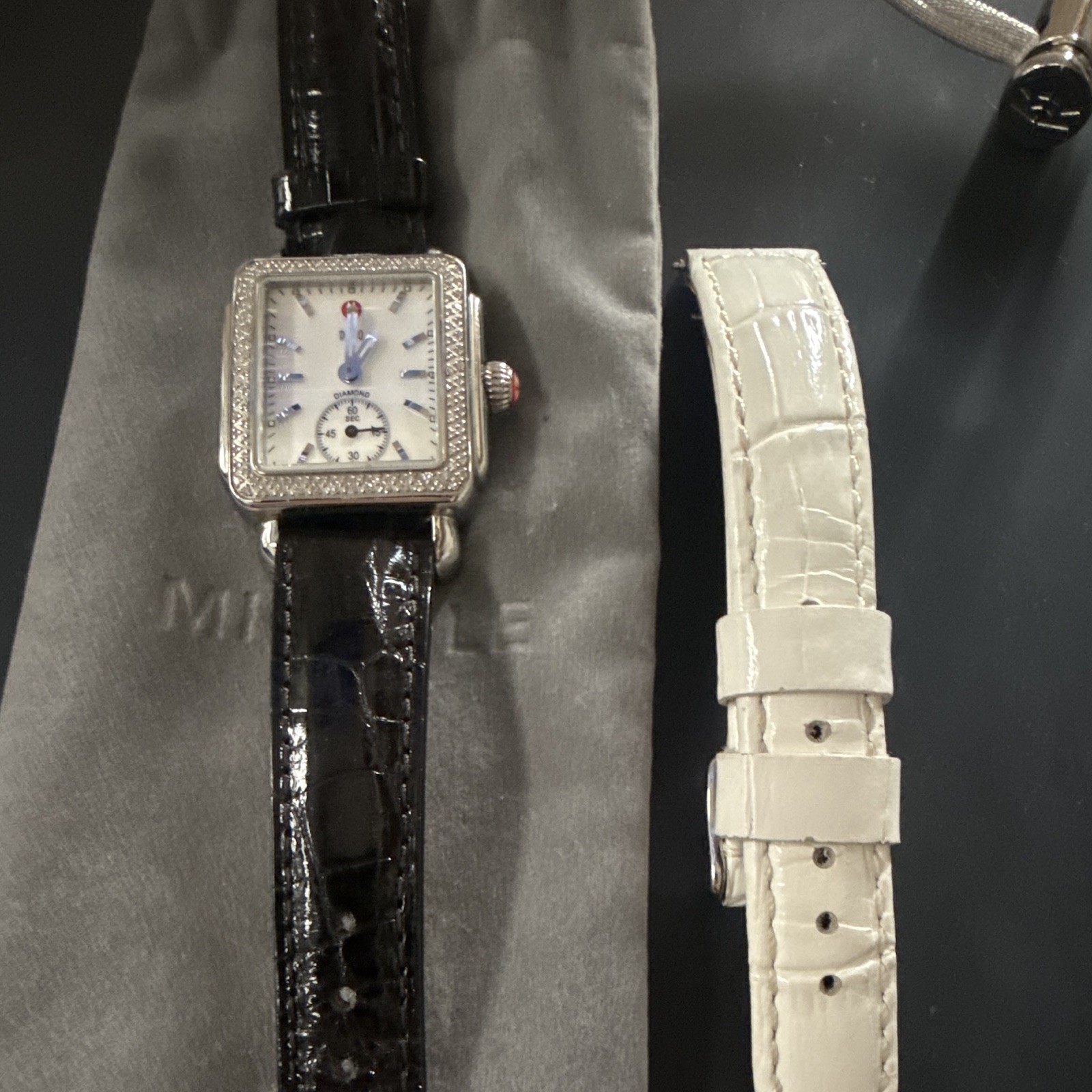 MICHELE Deco Diamond Bezel Quartz Rectangle 33mm White Dial Black/White Straps