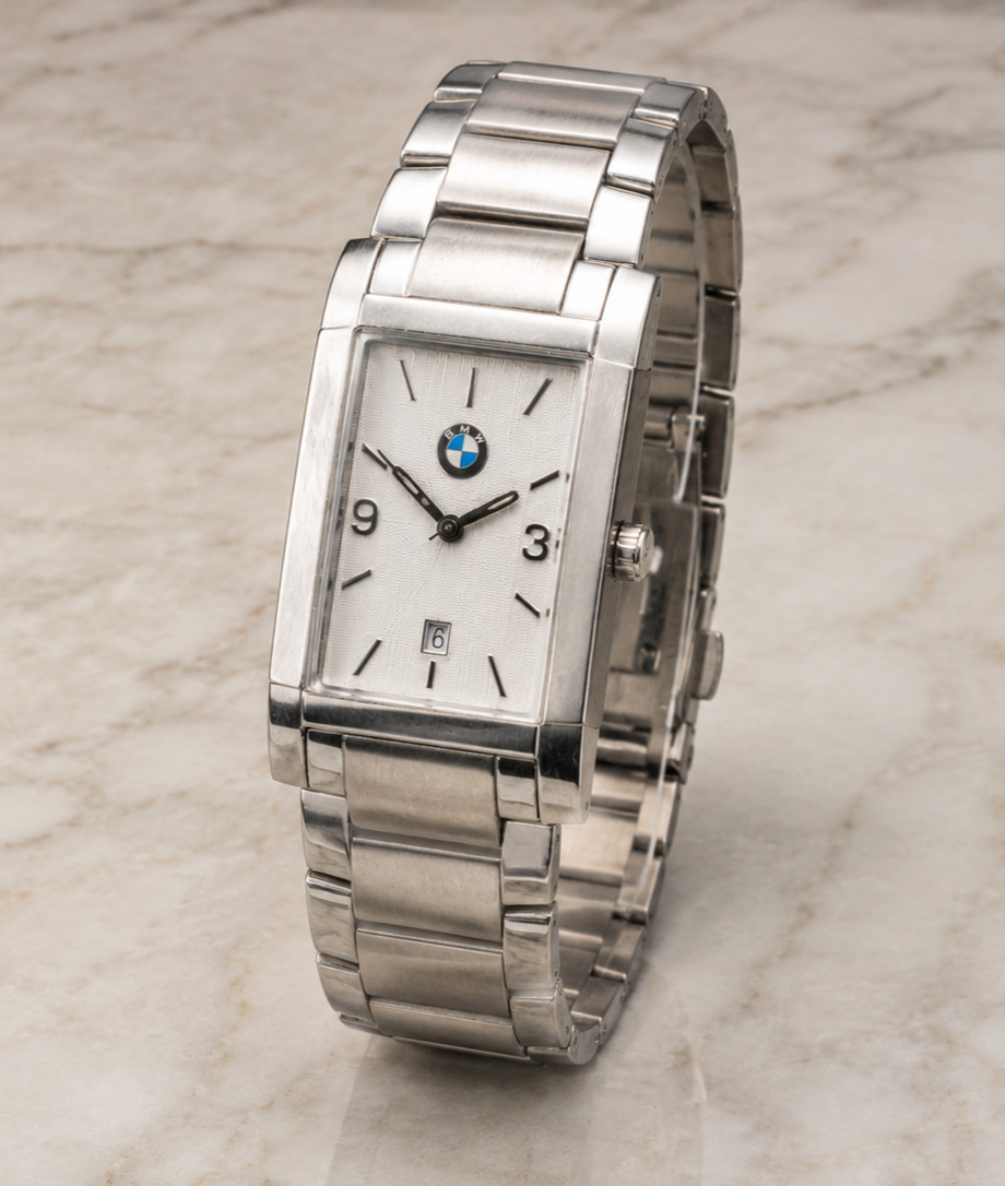 BMW Logo Rectangular Stainless Steel Bracelet Watch 5.5 In Wrist Silver Quartz