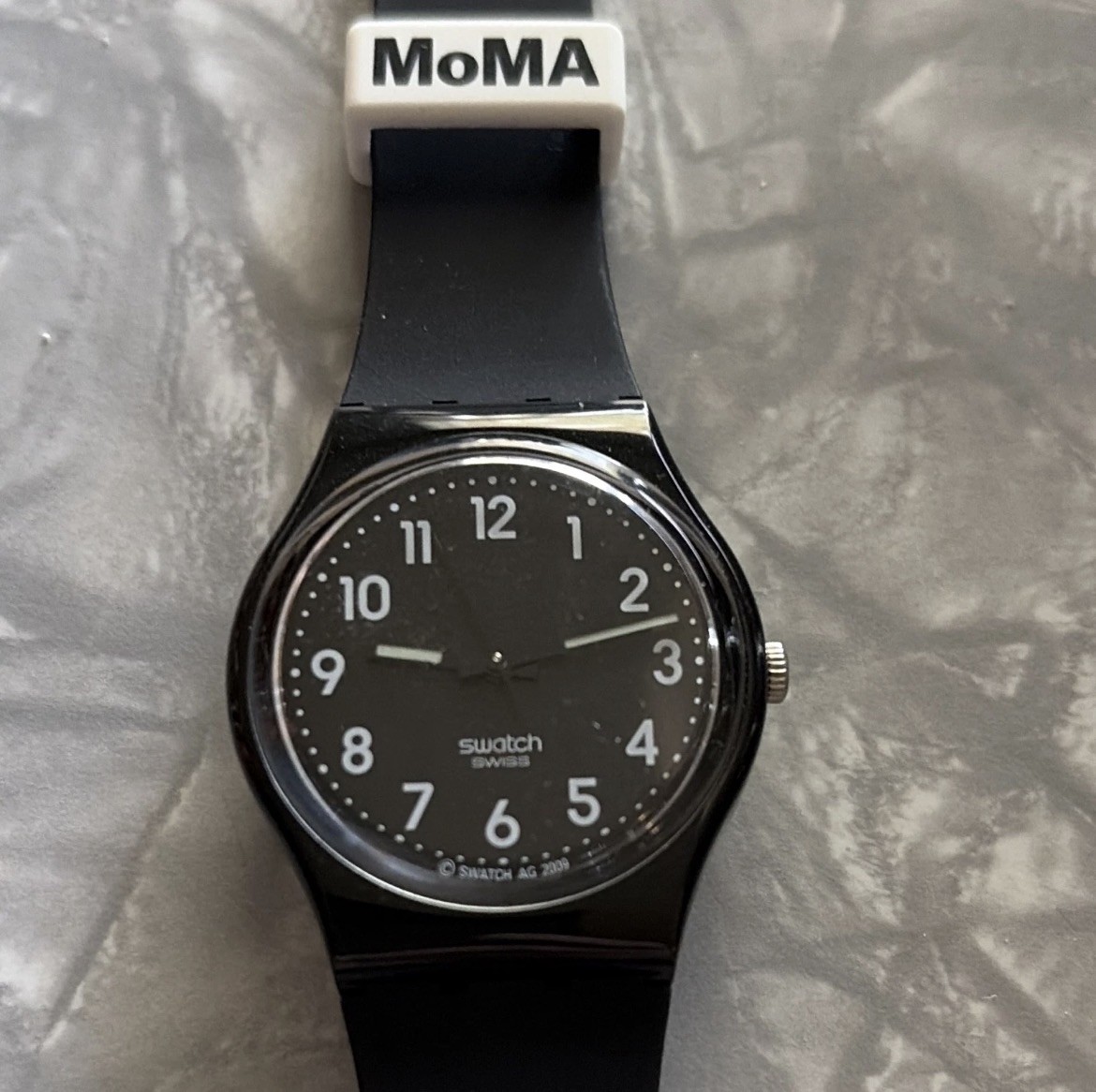Swatch MoMA Swiss Made Quartz Analog Watch Black Dial Black/White Strap