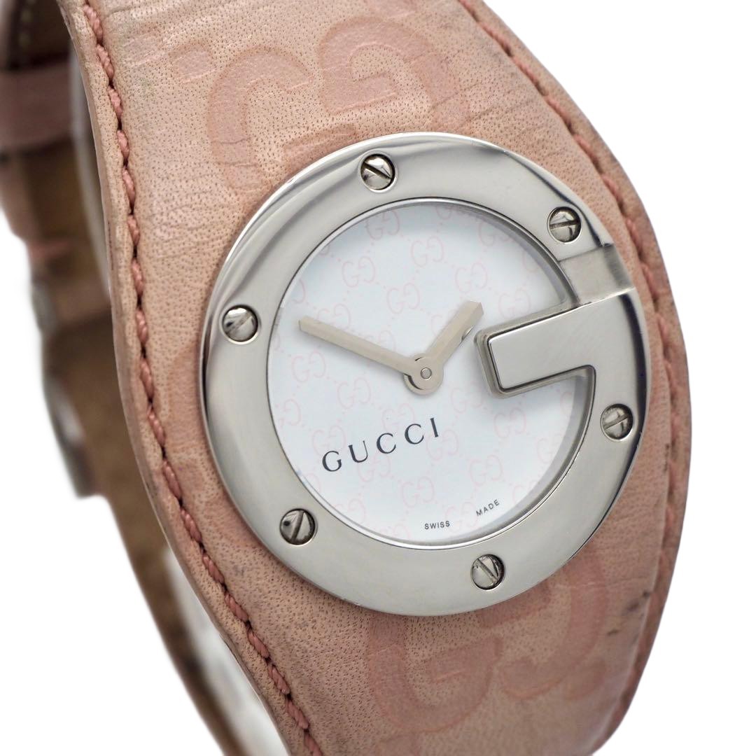 GUCCI G-Bandue 104 Ladies Analog Quartz Watch Pink Color Leather GG Pattern