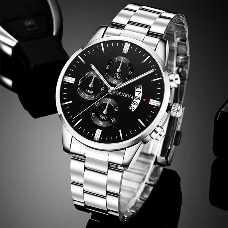 Fashion Mens Watches Luxury Silver Stainless Steel Quartz Silver Black 1pc