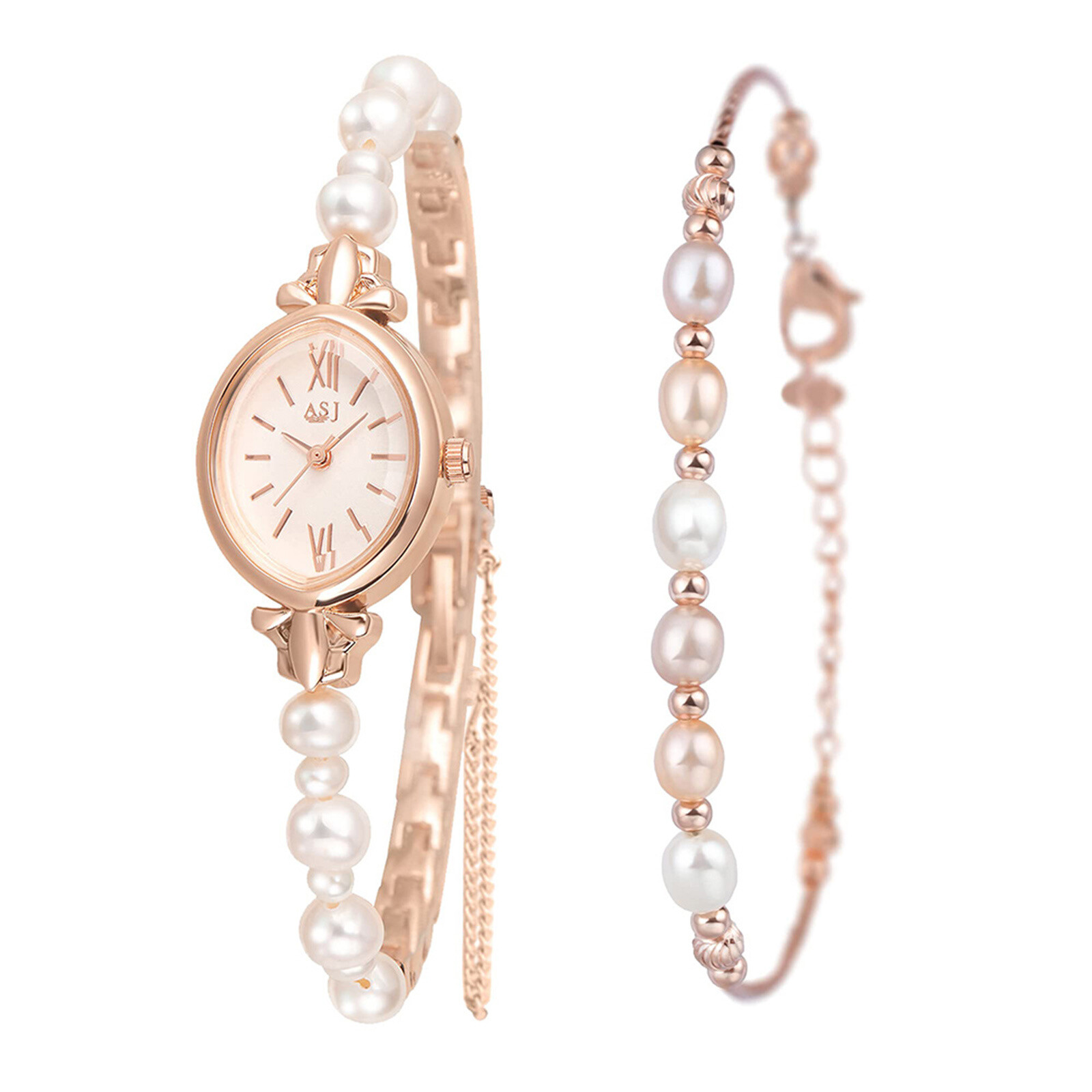 Women’s Natural Pearls Oval Dial Dress Quartz Wrist Watch Bracelet Set for Gift