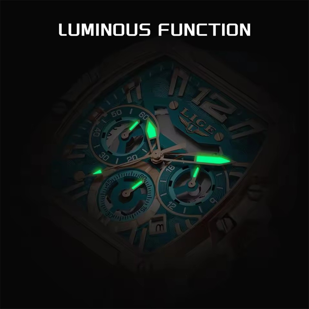 LIGE Men Rectangle Watch Big Dial Chronograph Wristwatch Boy Outdoor Sport Watch