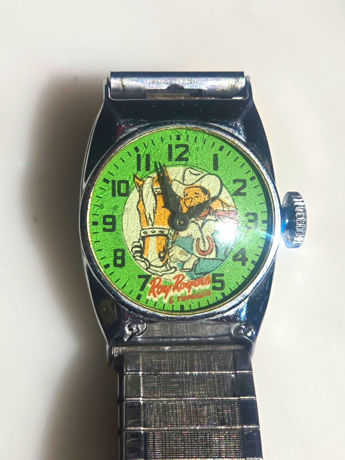Vintage Roy Rogers Character Mechanical Wristwatch Green Dial Silver Bracelet