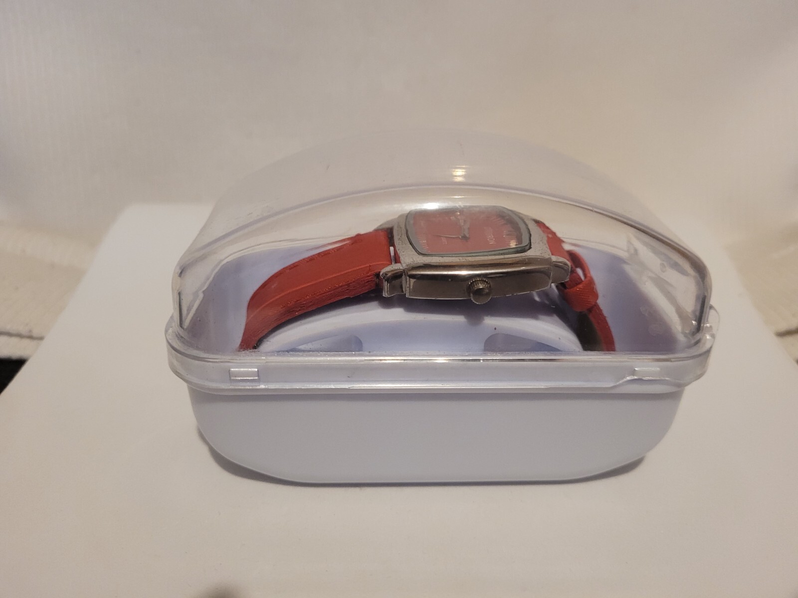 Large Red Leather Fabric Styled Citron Quartz Watch In Box