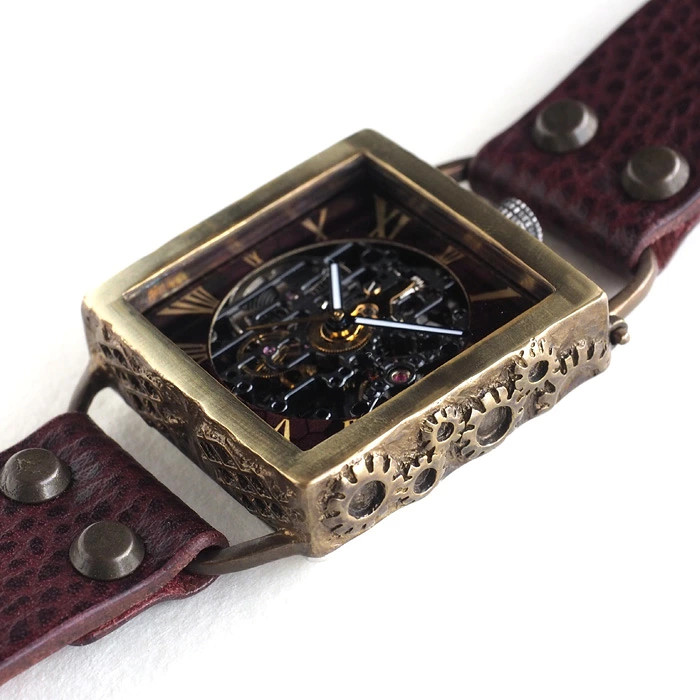 KINO Handmade Watch Automatic Wind Skeleton Mechanic Black Square Wine Brown K 1