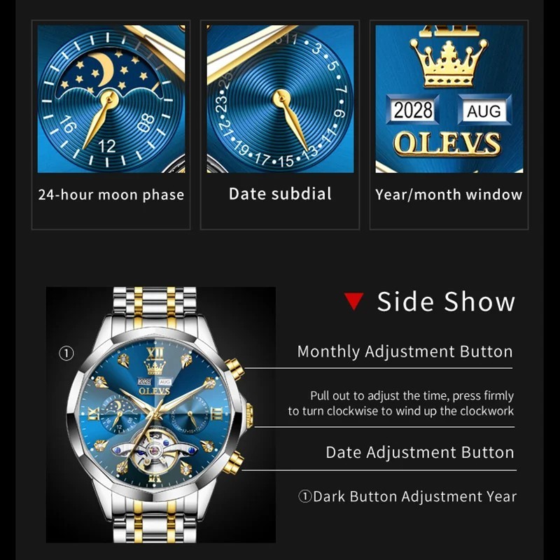 Automatic Mechanical Waterproof Watch Moon Phase Luxury Dial Men Men’s Strap