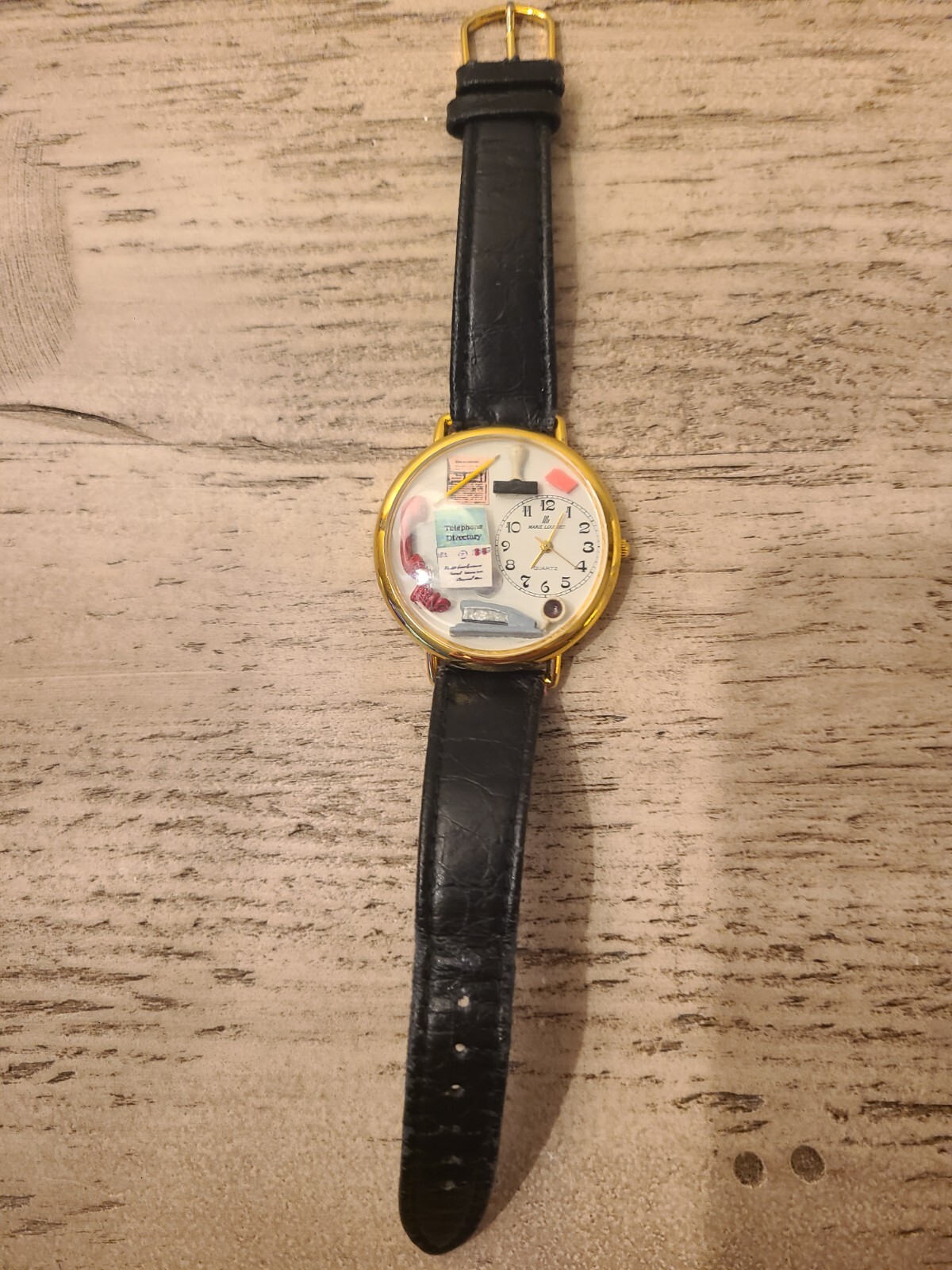 WYL Watch Whimsical Office Theme Black Leather Band Pre-Owned Great Shape ..