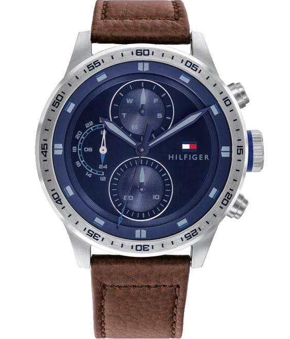 TOMMY HILFIGER CHRONOGRAPH 1791807 BLUE DIAL BROWN LEATHER STRAP 46MM MENS WATCH