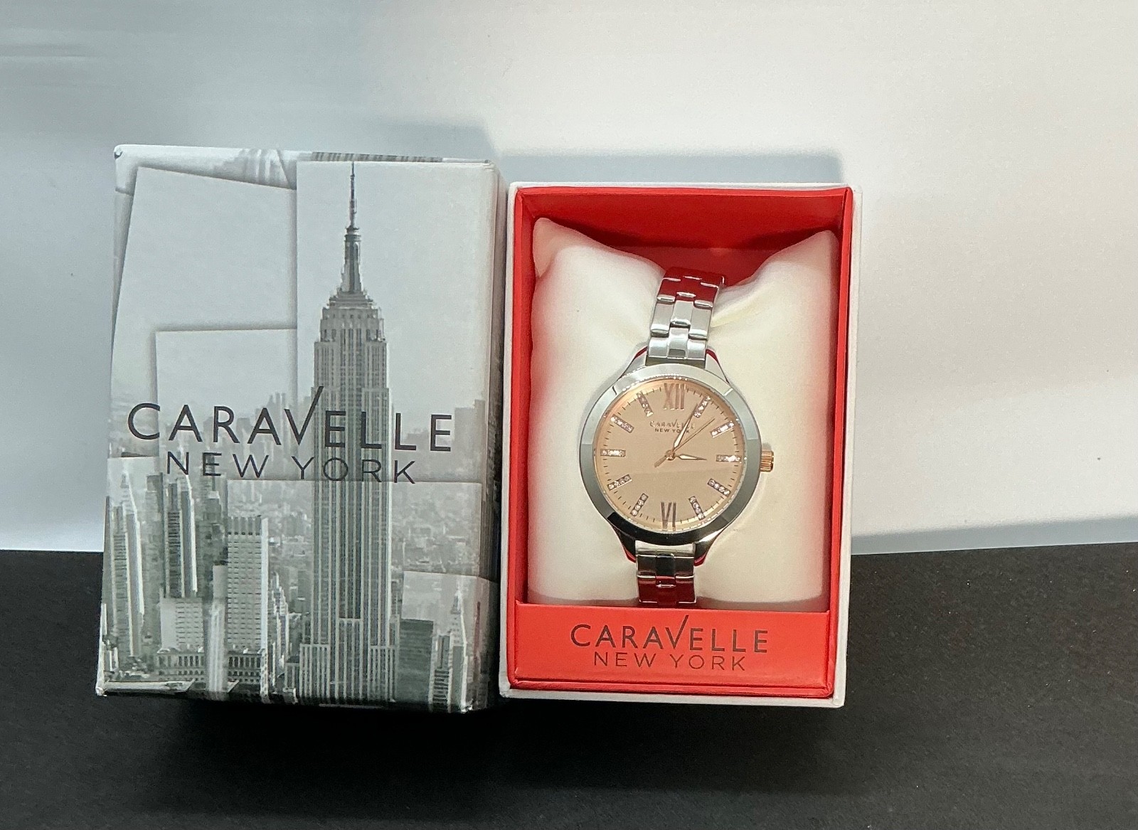 Caravelle New York by Bulova ladies watch silver band rose gold face with bling