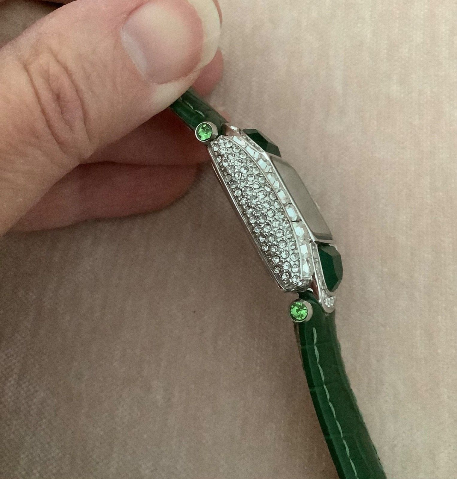 Adrienne Designer Collection Square Rhinestone Ladies Green Leather Band Watch