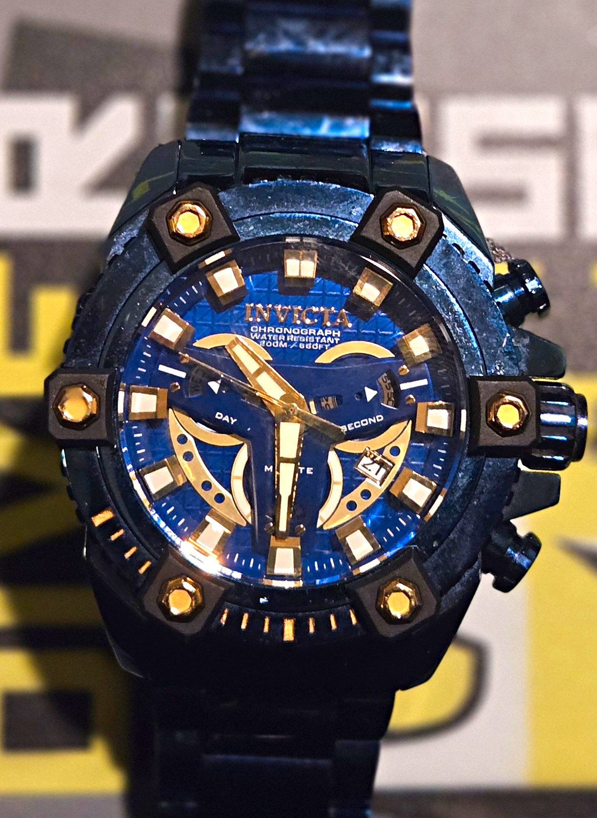 Invicta Bolt Men’s Quartz Chronograph Date Blue/Gold Dial SS Bracelet 52mm
