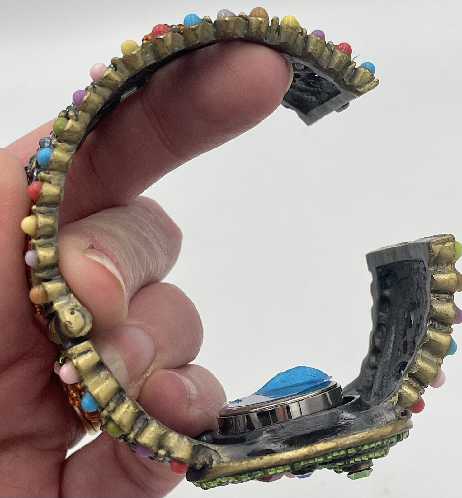 Narmi Quartz Beaded Hinge Bracelet Watch Brass Tone Multicolor Jewel New Battery