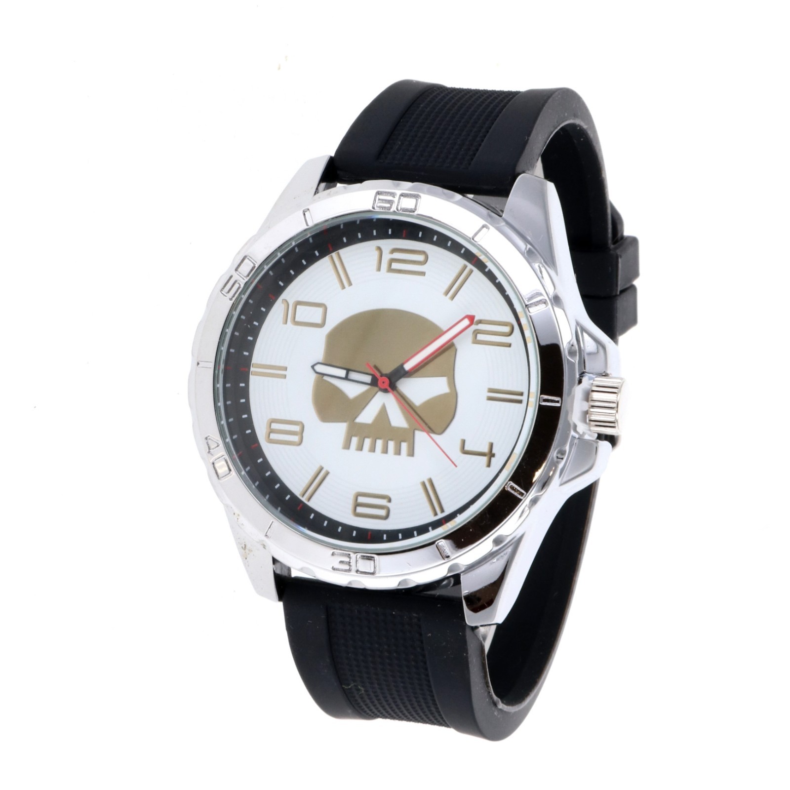 Silver Men’s Skull Watch on White Dial Black Silicone Band Over Size 50mm