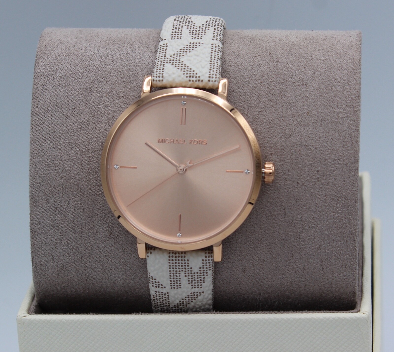 NEW AUTHENTIC MICHAEL KORS JAYNE VANILLA WHITE ROSE GOLD PVC WOMENS MK7128 WATCH