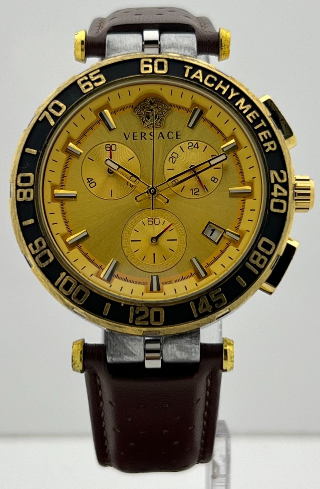 Precious Men’s Versace Greca Chronograph Golden Dial Date Working Wristwatch