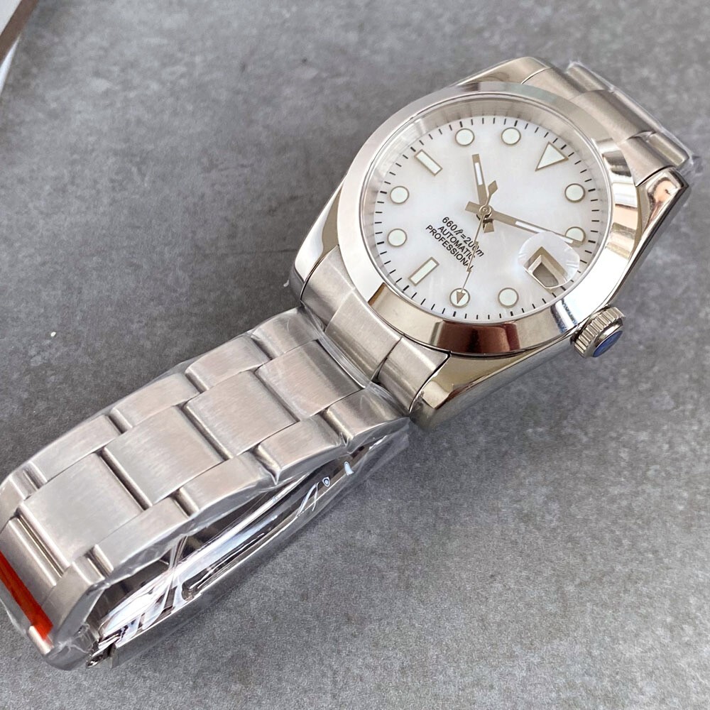 20ATM Diving 36mm NH35 Automatic Watch Men White Shell Dial Steel Bracelet