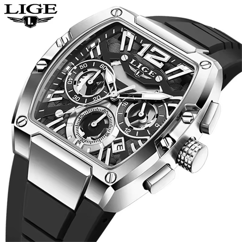 LIGE Men Rectangle Watch Big Dial Chronograph Wristwatch Boy Outdoor Sport Watch