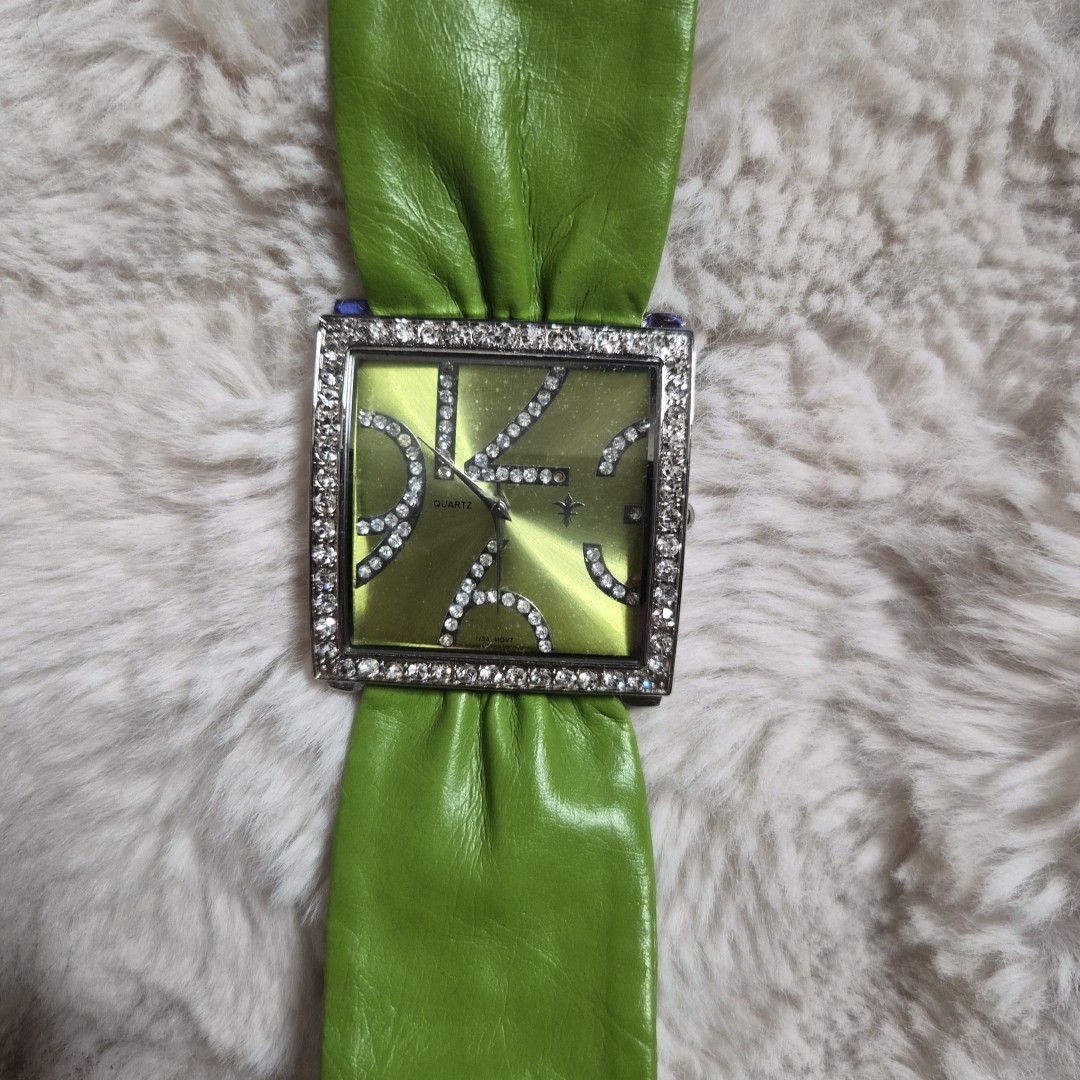 Vintage Y2K Watch Large Green Faux Leather Fabric Band Unique Rare Rhinestone