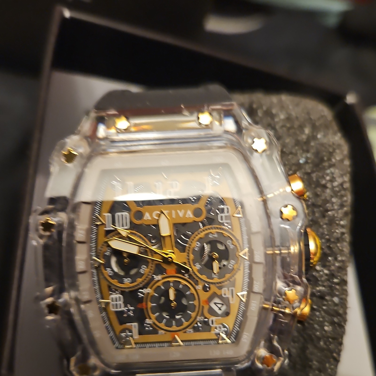 Activa Quartz Chronograph Date Tonneau Clear/Gold Case Black Rubber Strap Box