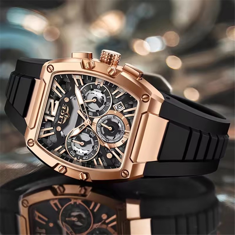 LIGE Men Rectangle Watch Big Dial Chronograph Wristwatch Boy Outdoor Sport Watch