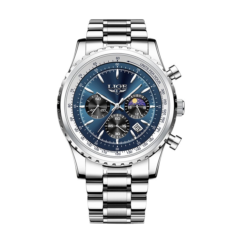 LIGE Men Watch Quartz Date Luminous Chronograph Waterproof Stainless Steel Watch