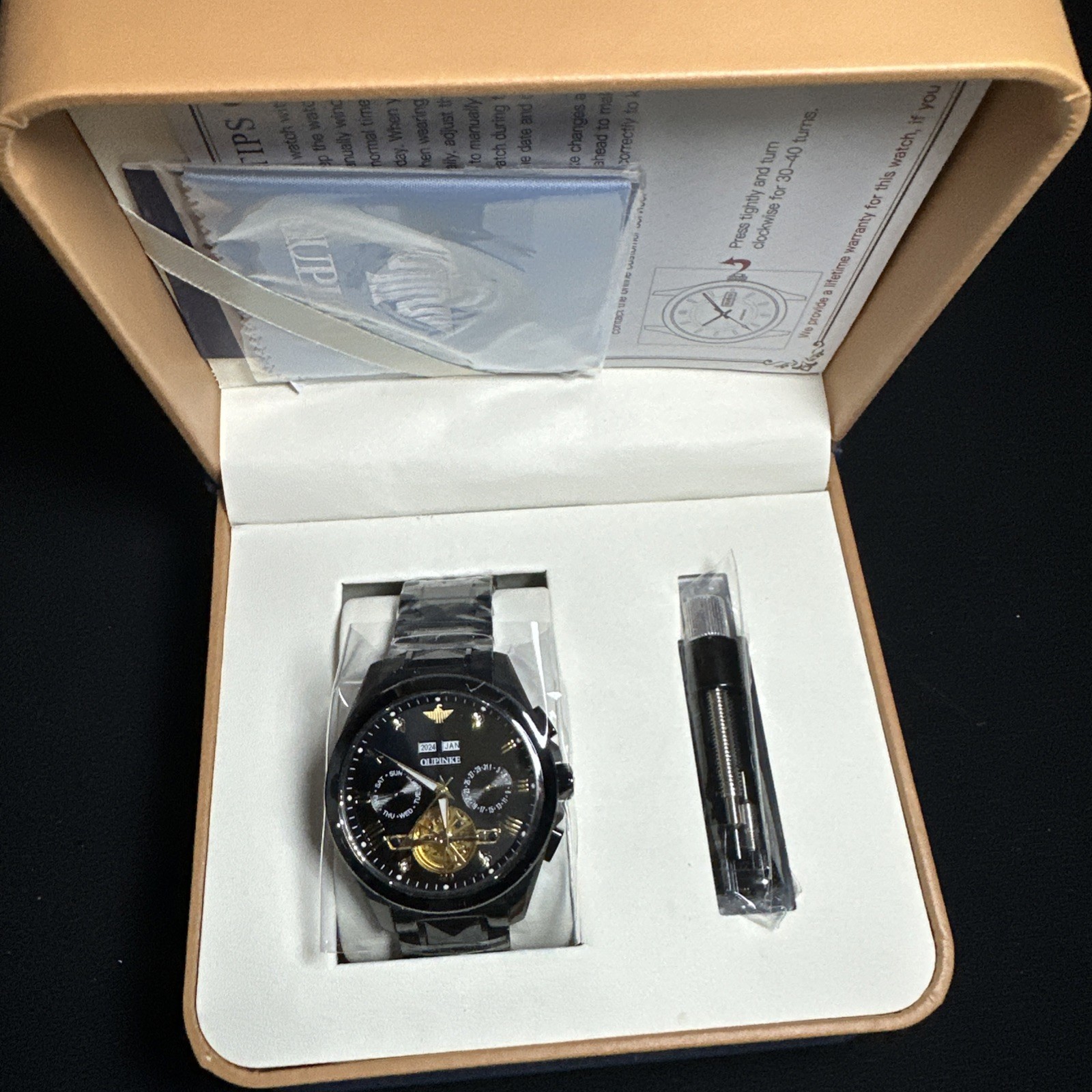 Oupike Men’s Watch Tourbillon Self Winding All Black Band, Black Dial