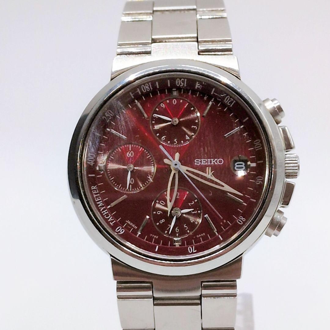 SEIKO 7T92 Quartz Chronograph Silver Red Dial Tachymeter Unisex Used Japan