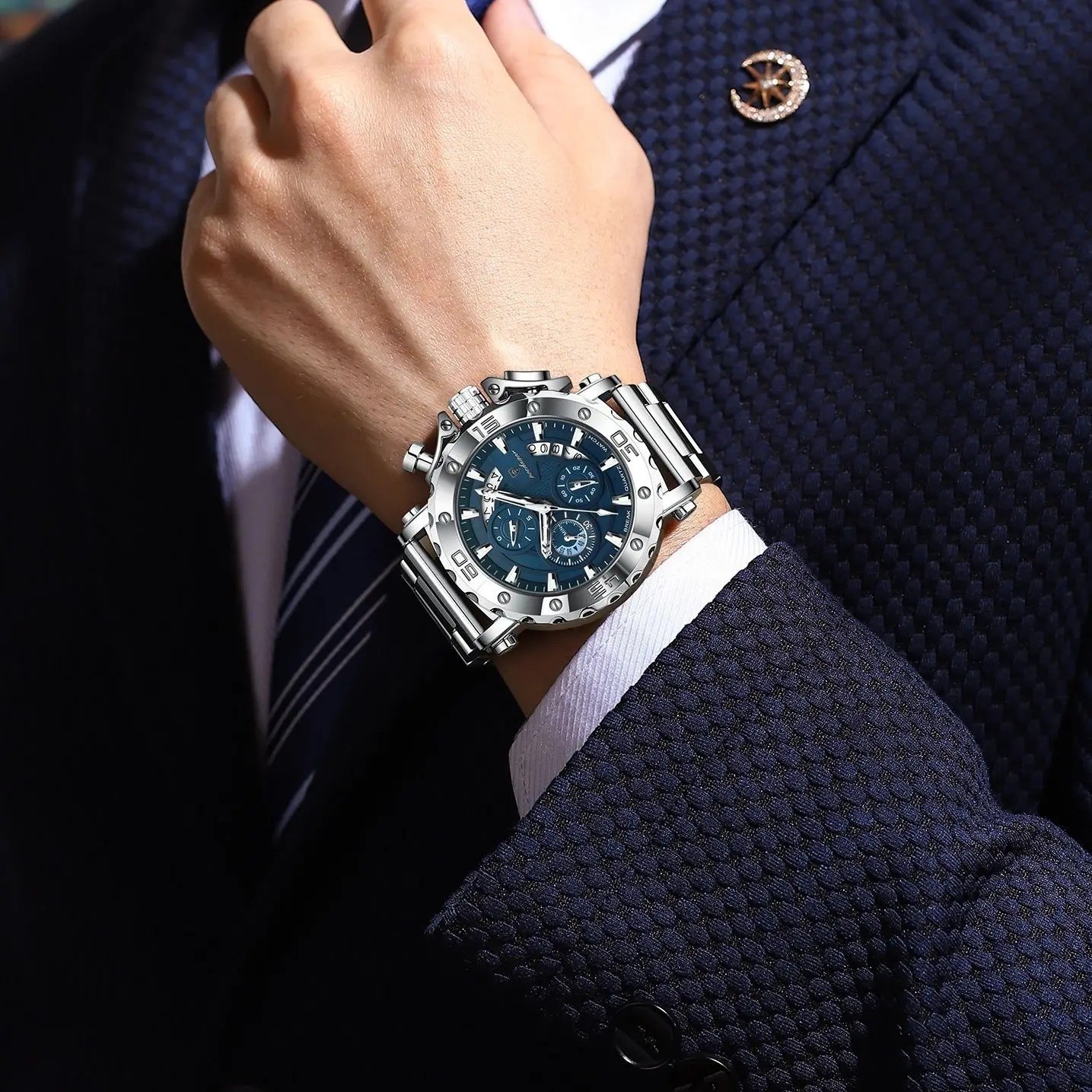 Silver Luxury Waterproof Numberless Calendar Stainless Steel Men Quartz Watches