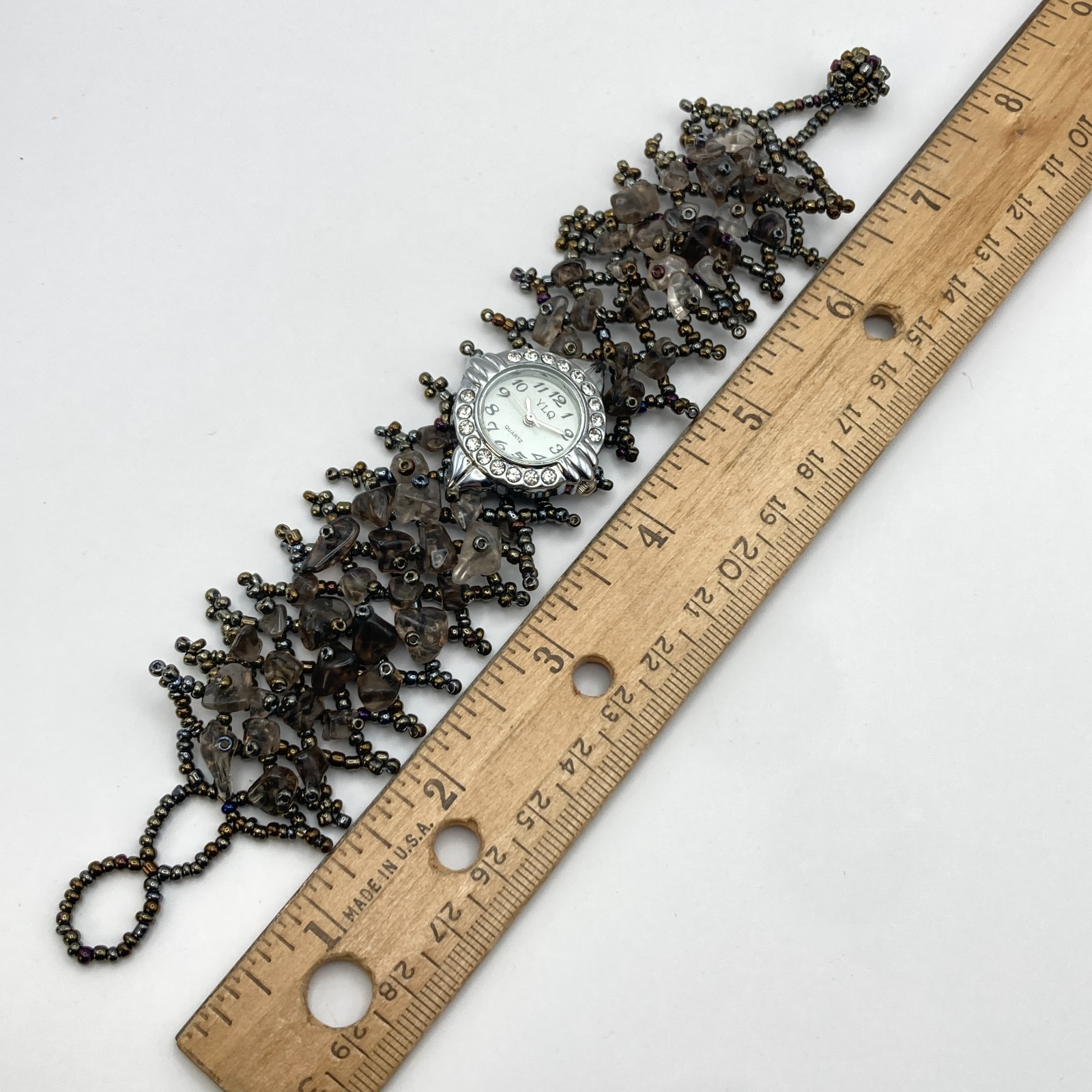 Artisan Womens Watch Beaded Gemstone Silver Tone Crystals New Battery 7.25″