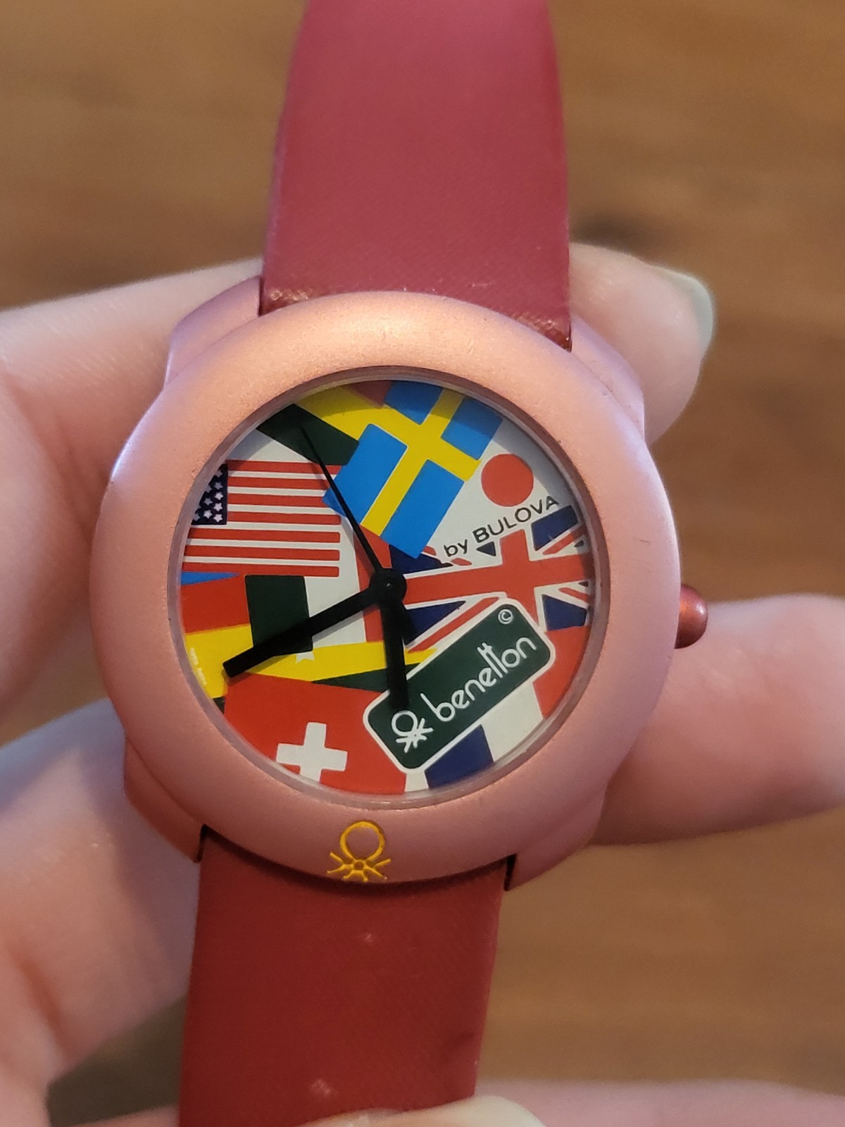 Vintage Benetton Watch by Bulova World Flags Dial Swiss Quartz