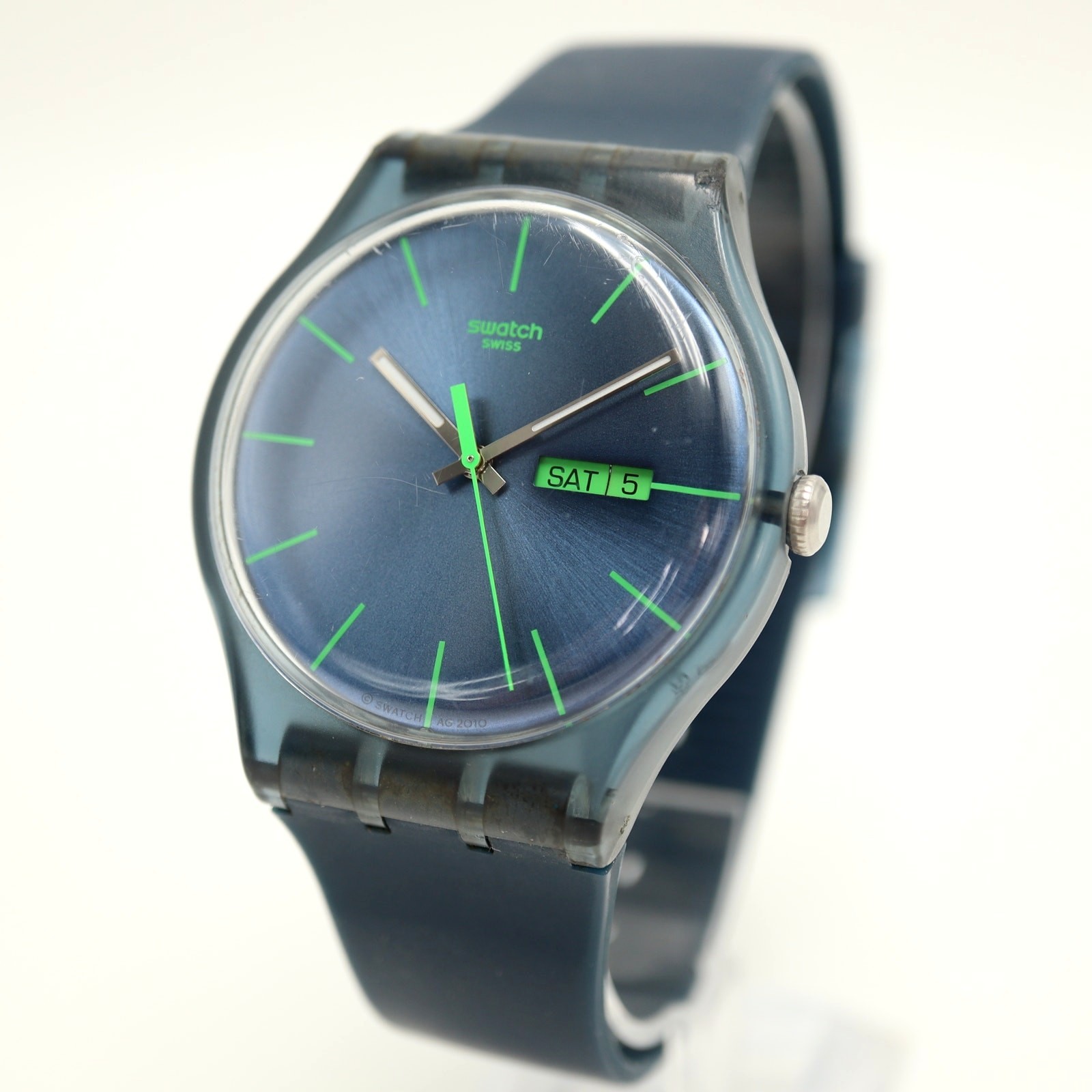 Swatch Blue Rebel Mens Watch 40mm Swiss Blue Green Day Date with New Battery