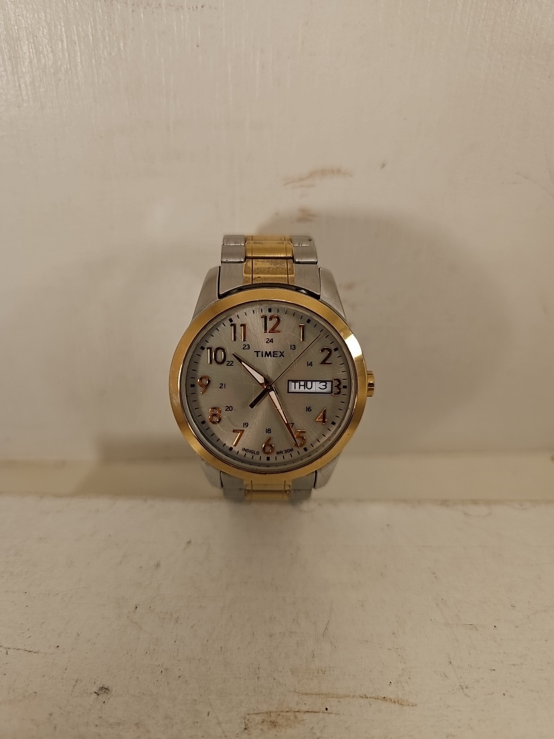 Timex Indiglo Watch WR 30M CR 2016 Cell W/Day & Date SS Stretch Band