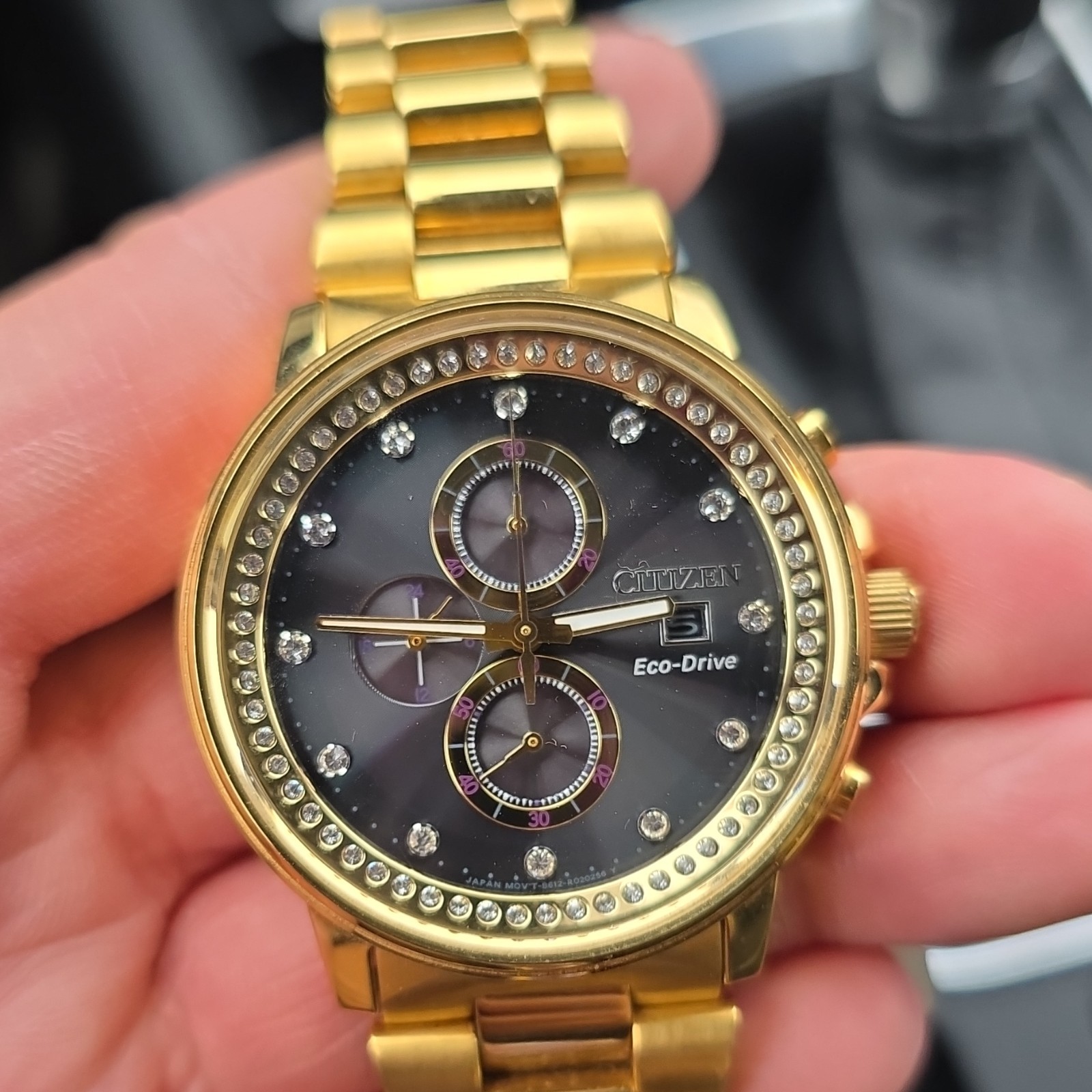 Citizen Eco-Drive Gold Chronograph Wristwatch Gemstone Markers Black Dial