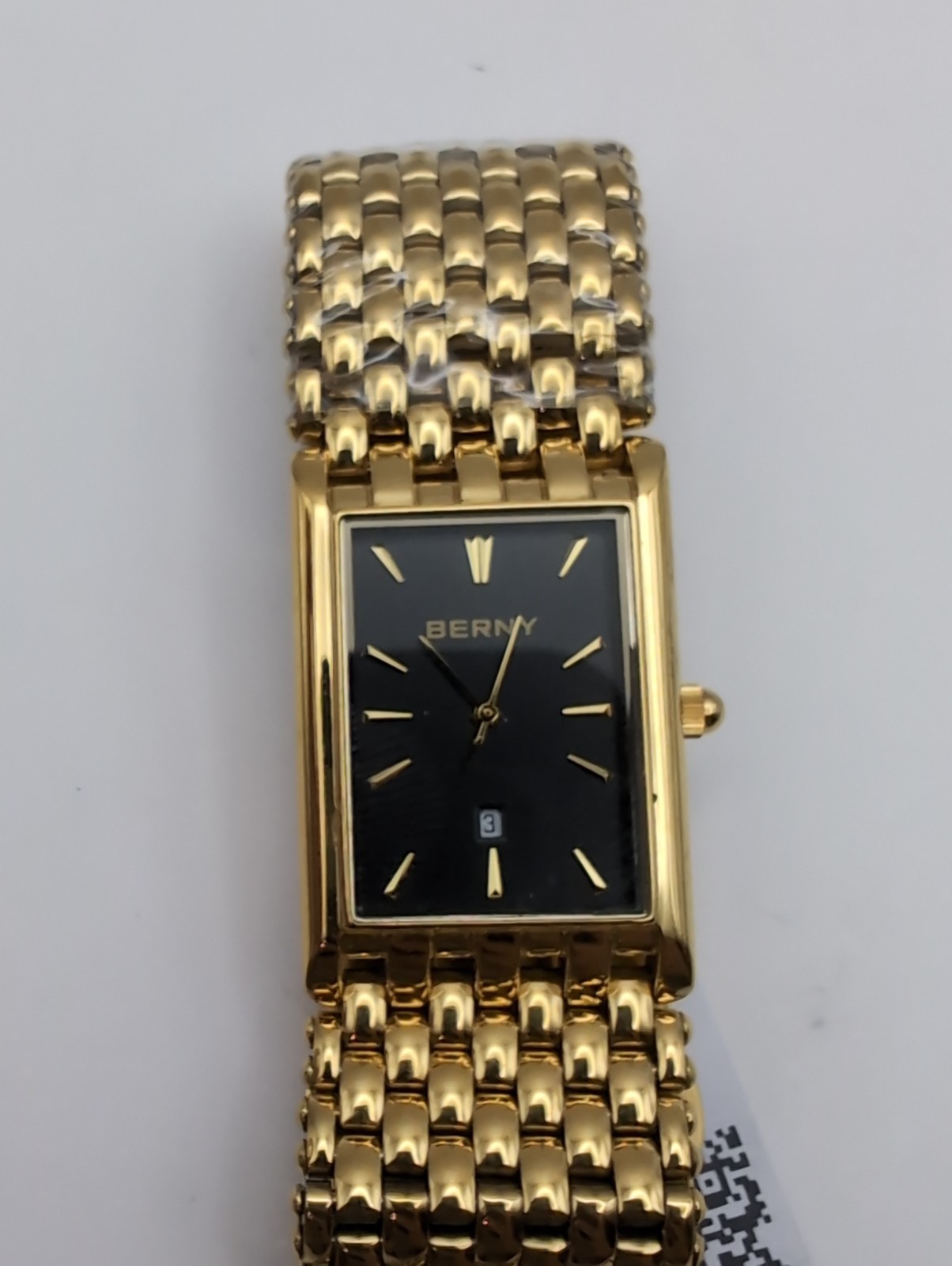 BERNY Tank Style Watch Men Gold Tone Black Dial 2166M Working