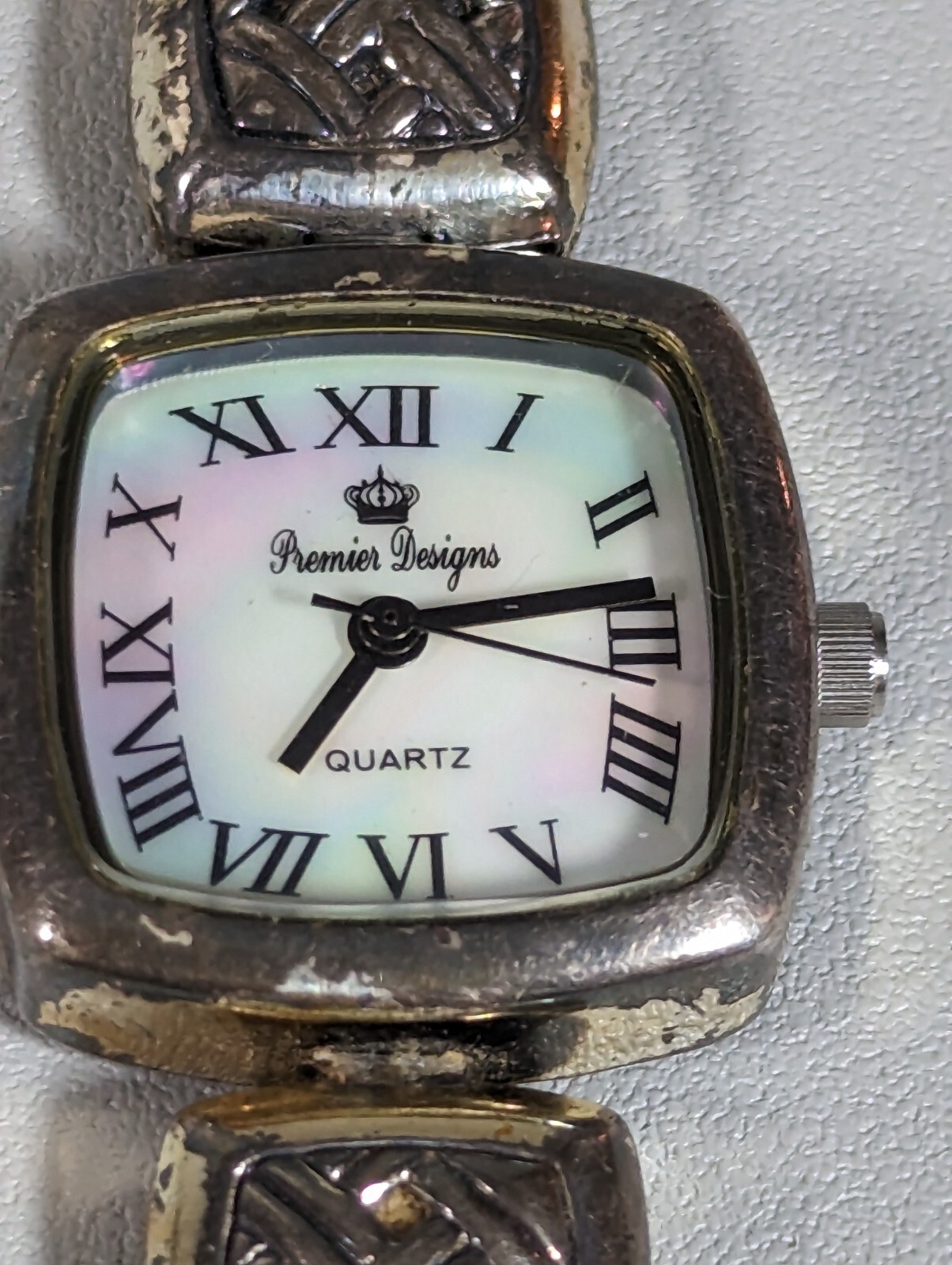 Premier Designs White Pearlized Dial Square Case Link Bracelet Band Watch 7.5 In