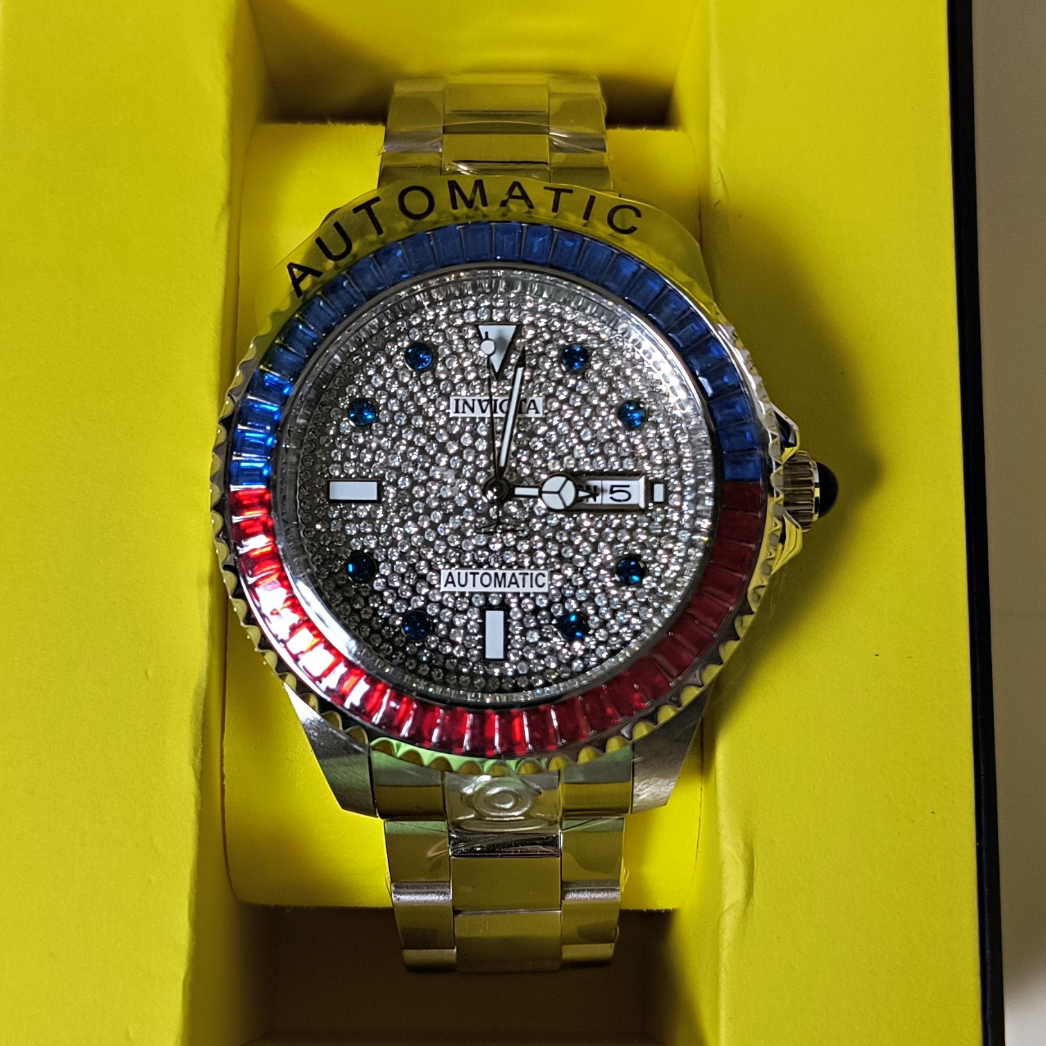Invicta Grand Diver Automatic Date Pepsi FaceBlue/Red Bezel SS Bracelet Box 47mm