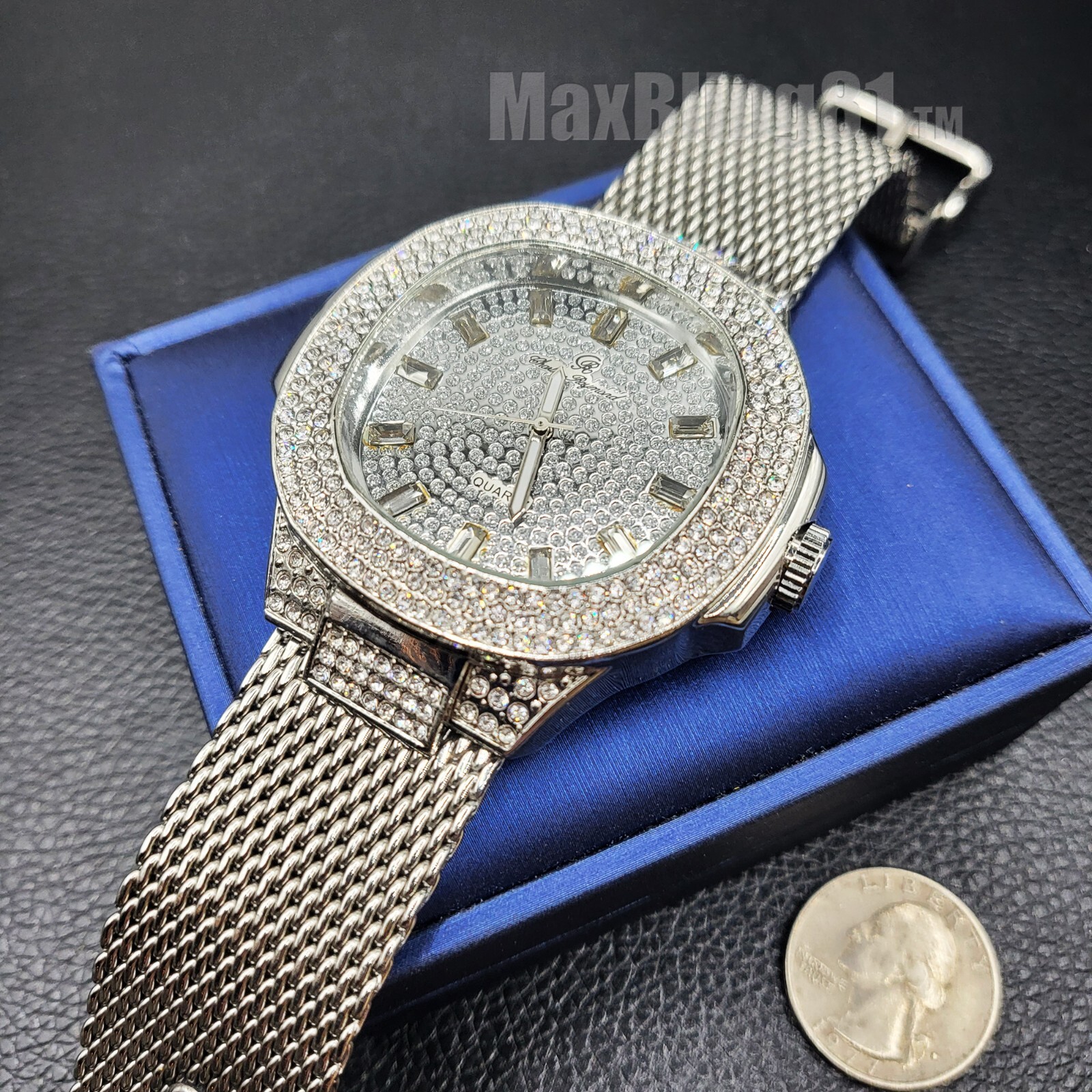 Men’s Silver Plated Stainless Steel Mesh Band Fashion Wrist Hip Hop Iced Watch