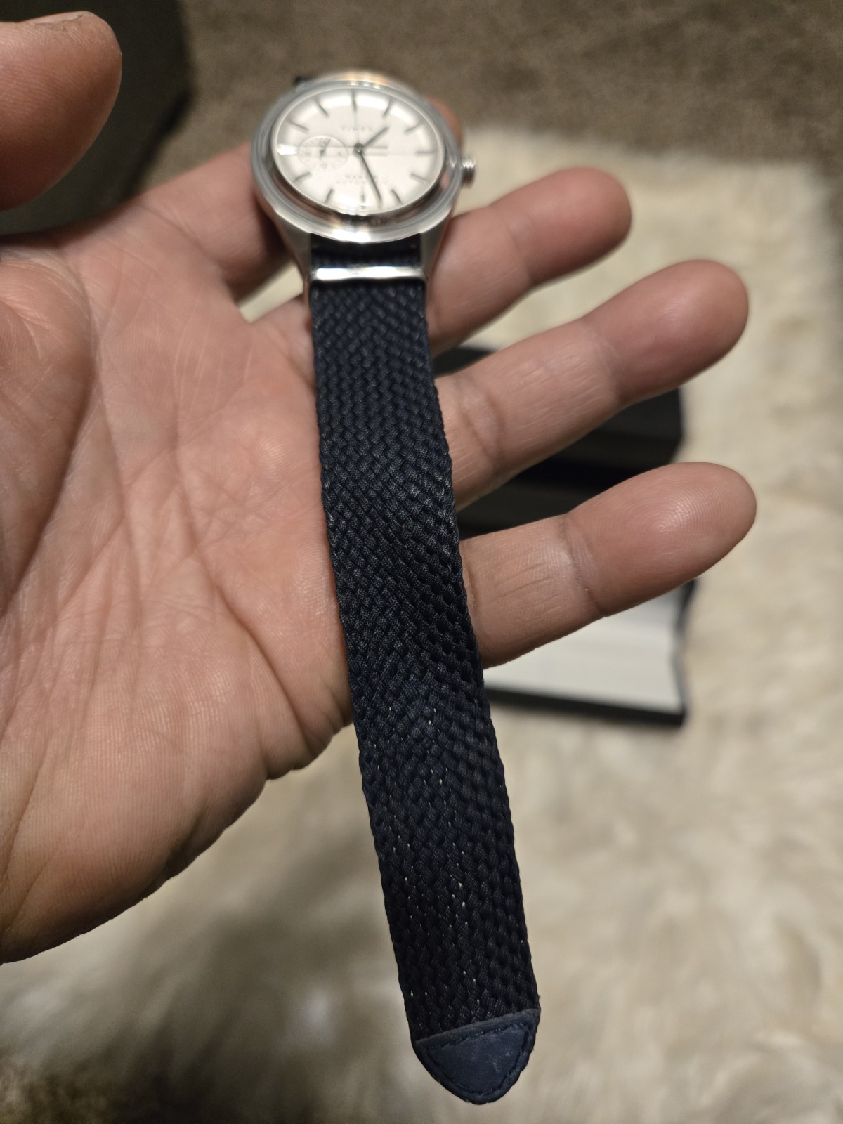 Timex Marlin Automatic Men’s Watch Silver Dial Blue One-Piece Fabric Strap Box