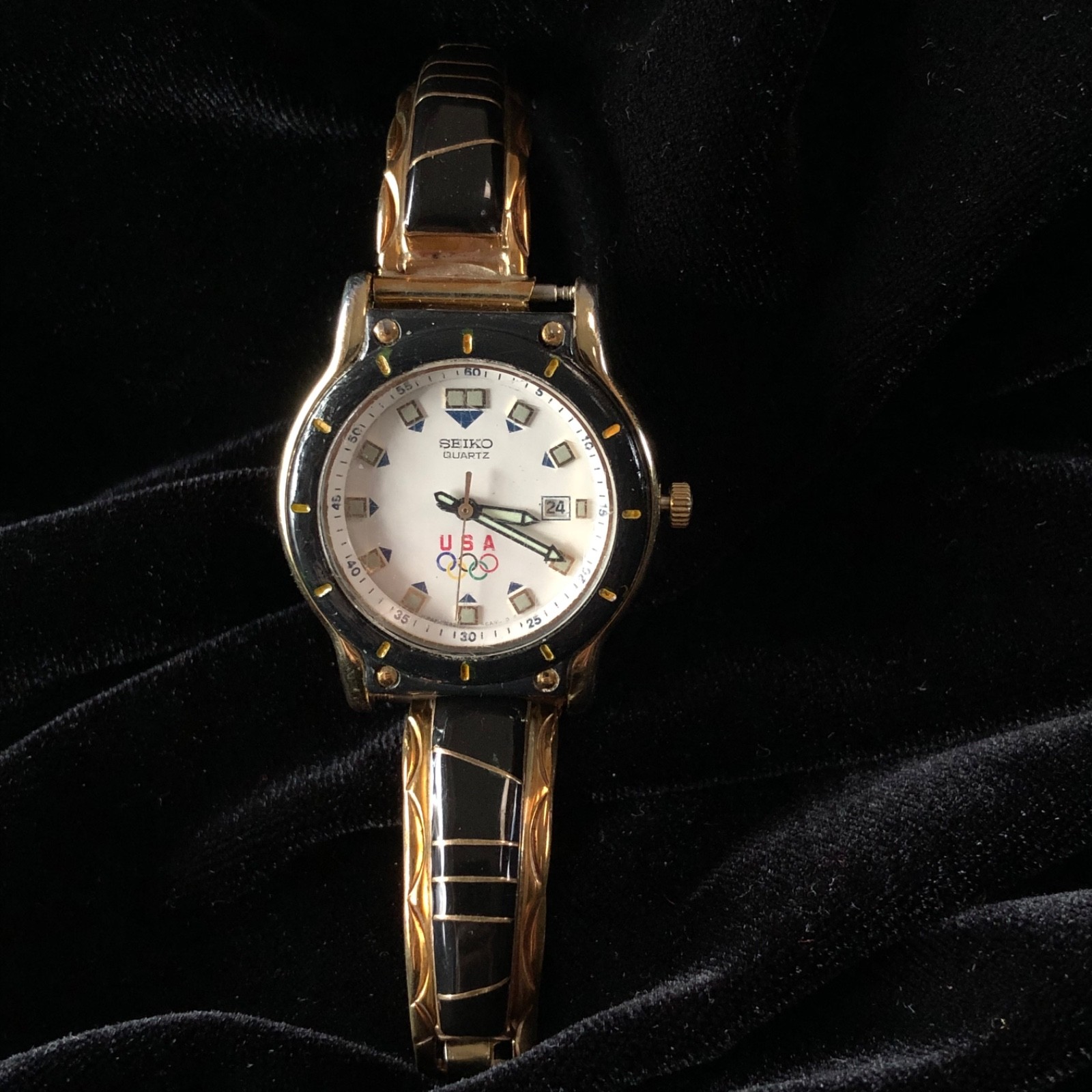 Navajo Sterling 12K GF Watch Tips Onyx SIGNED “CC” w/ Seiko Watch USA Olympics