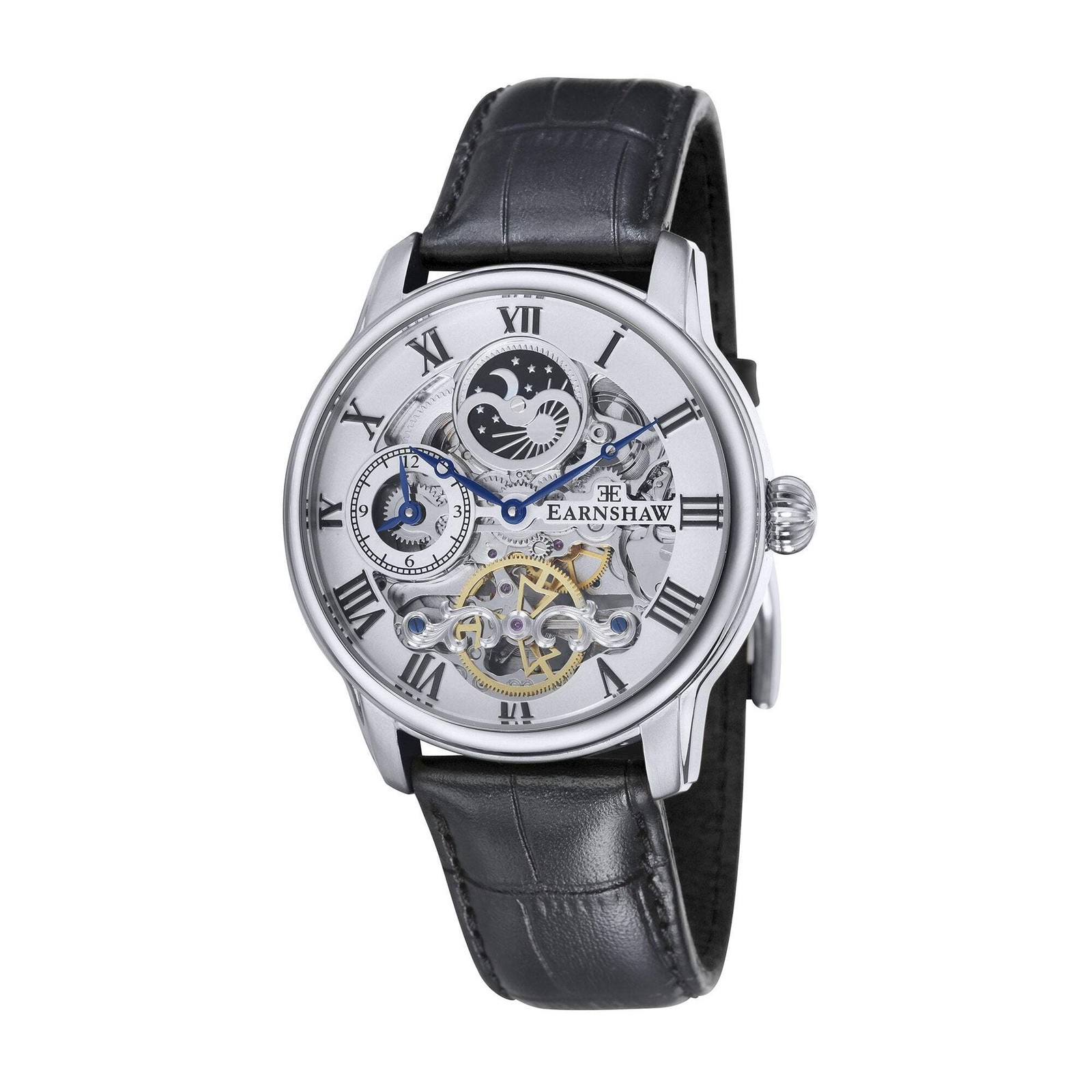 Longitude Automatic Skeleton Watch Silver White & Black / Genuine leather strap