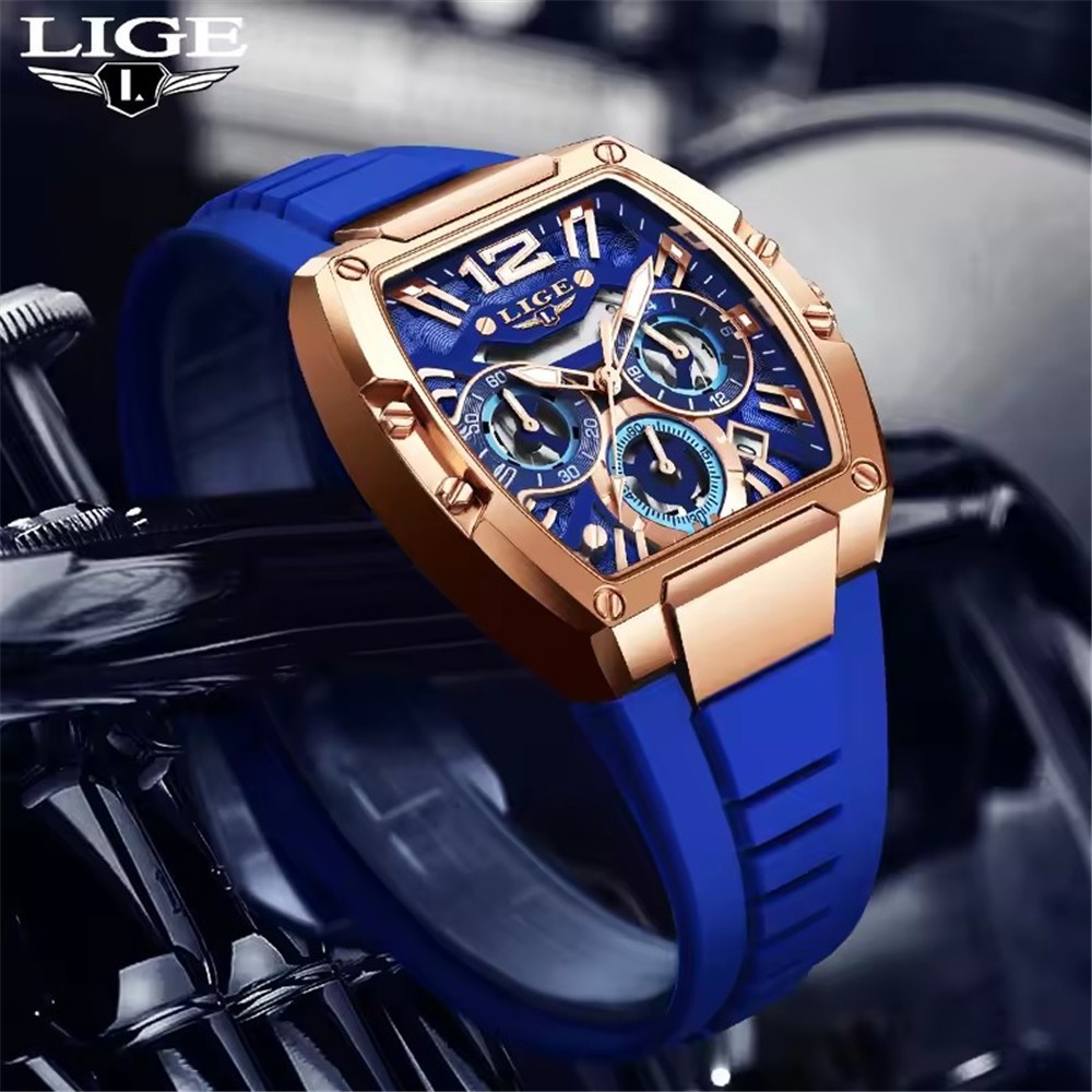 LIGE Men Rectangle Watch Big Dial Chronograph Wristwatch Boy Outdoor Sport Watch