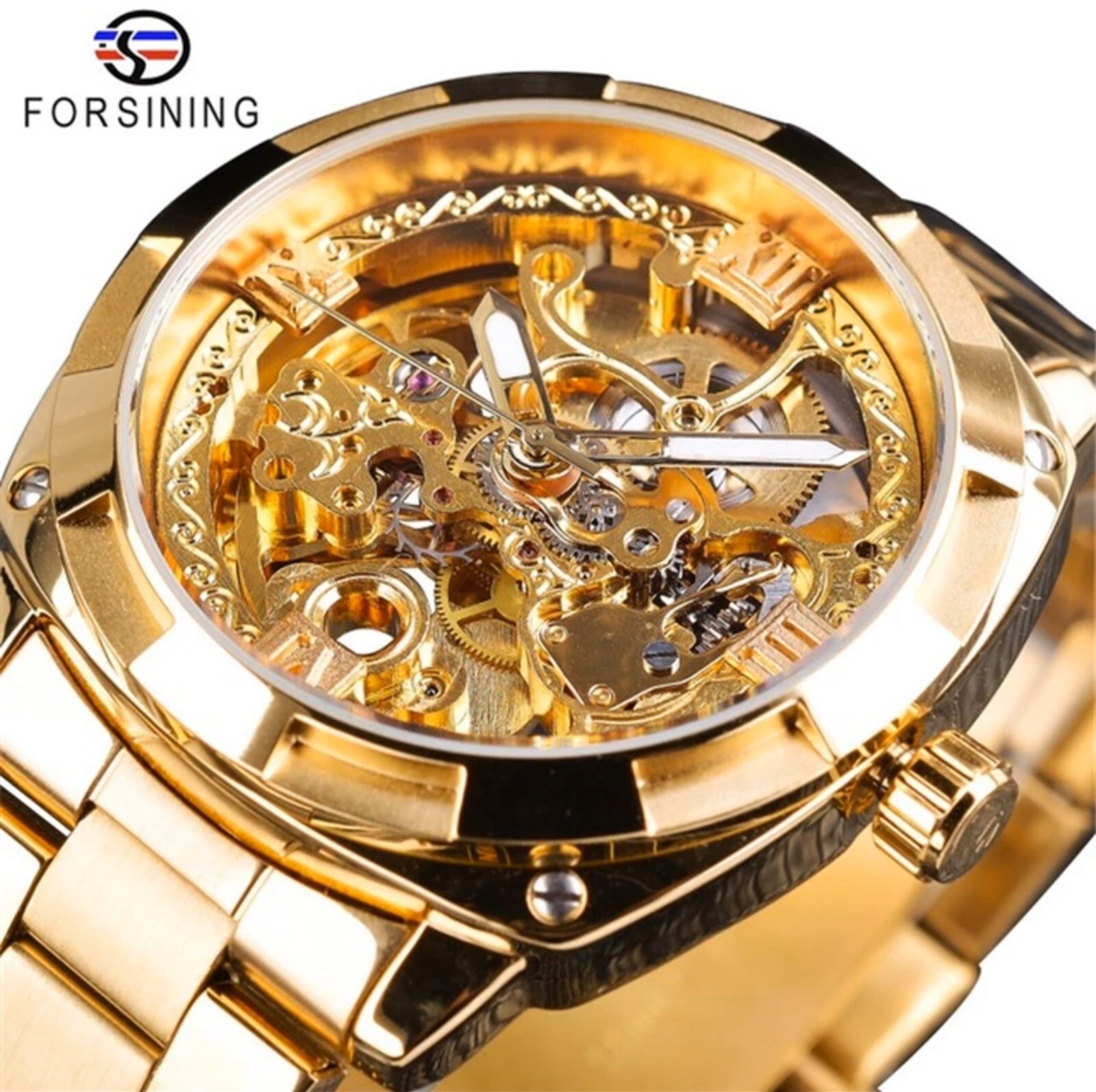 Forsining Mens Skeleton Mechanical Waterproof Luxury Watch Gold Gift Idea