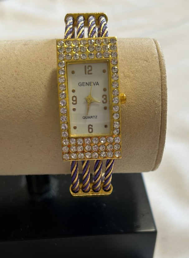 Vintage Y2K Geneva Cable Cuff Bangle Watch Rhinestone Bezel Gold Silver Tone